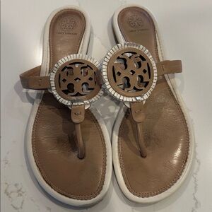 Tory Burch Fringe Miller Sandals Tan White Size 10